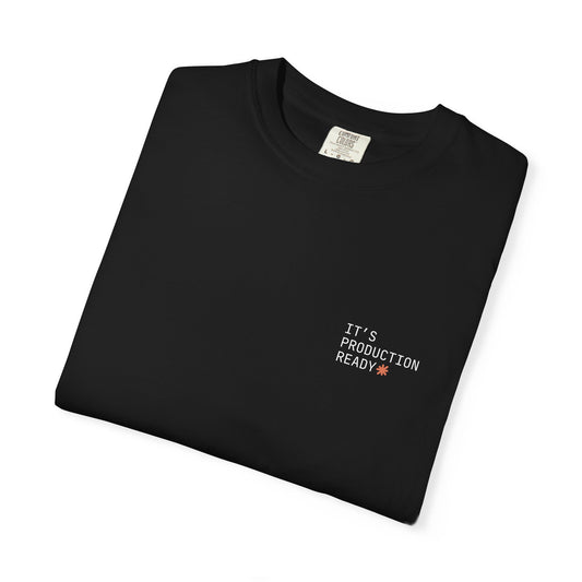 "It's Production Ready" Claude AI meme t-shirt, Black, flat lay front