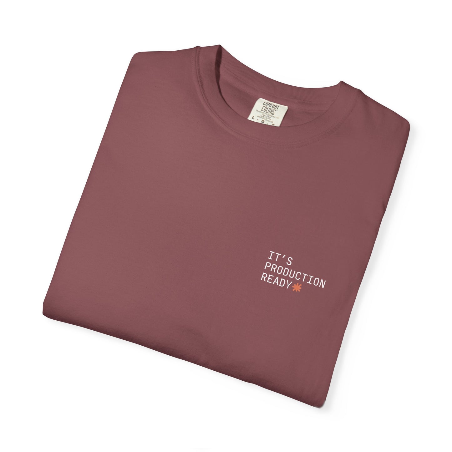 "It's Production Ready" Claude AI meme t-shirt, Brick, flat lay front