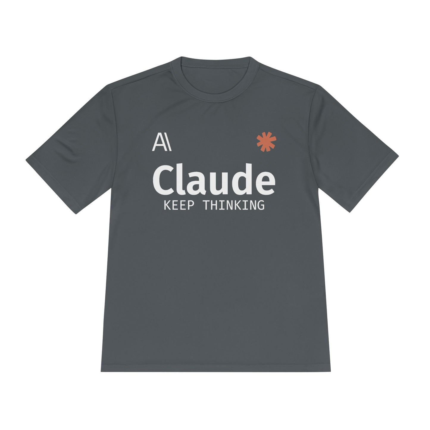 Claude Fable 5 AI soccer jersey tee, Iron Grey, flat lay front