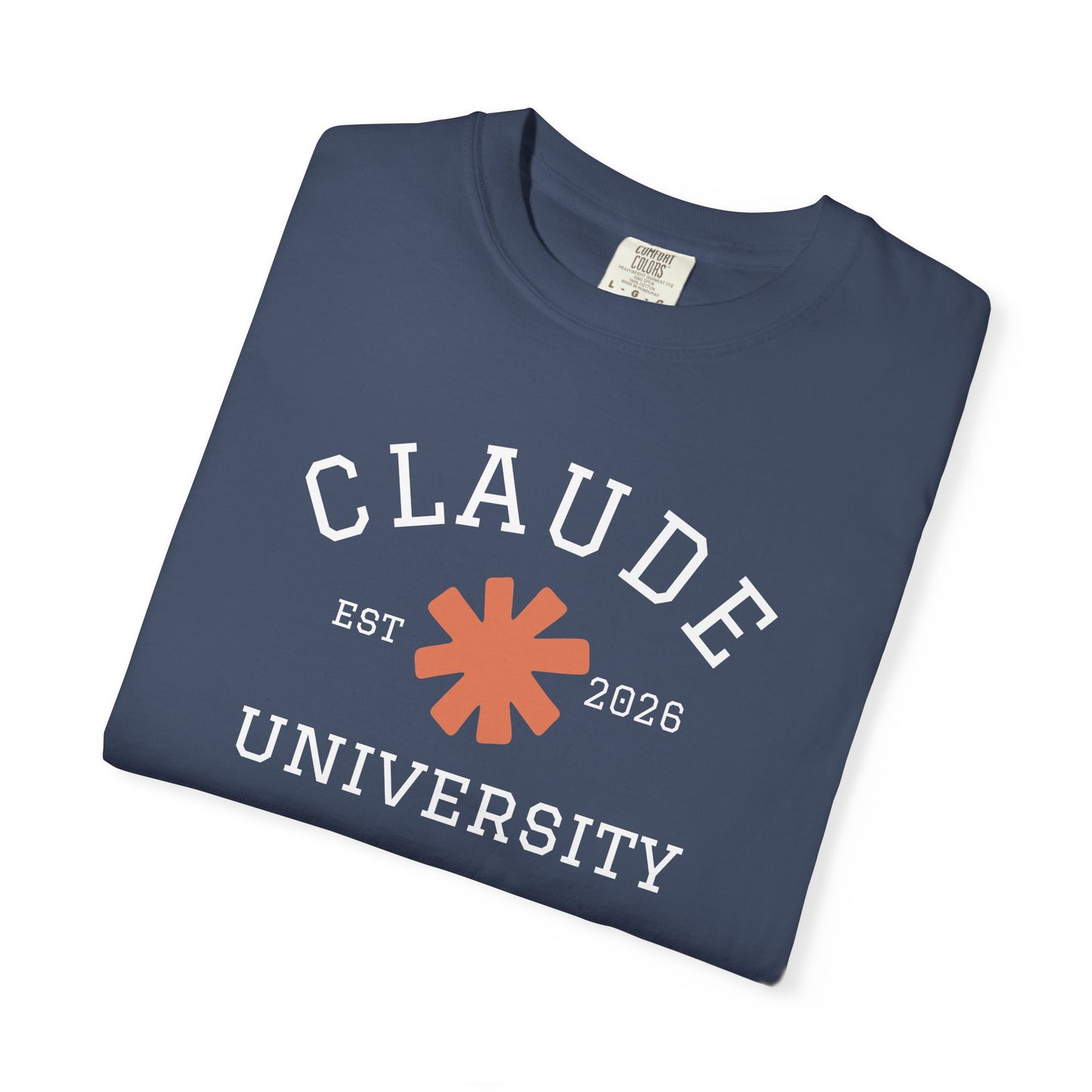 "Claude University" Claude AI parody t-shirt, Midnight, flat lay front