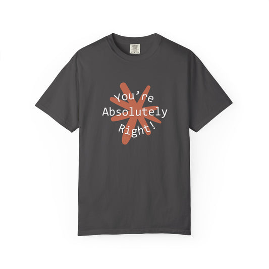 "You're Absolutely Right" Claude AI meme t-shirt, Graphite, flat lay front