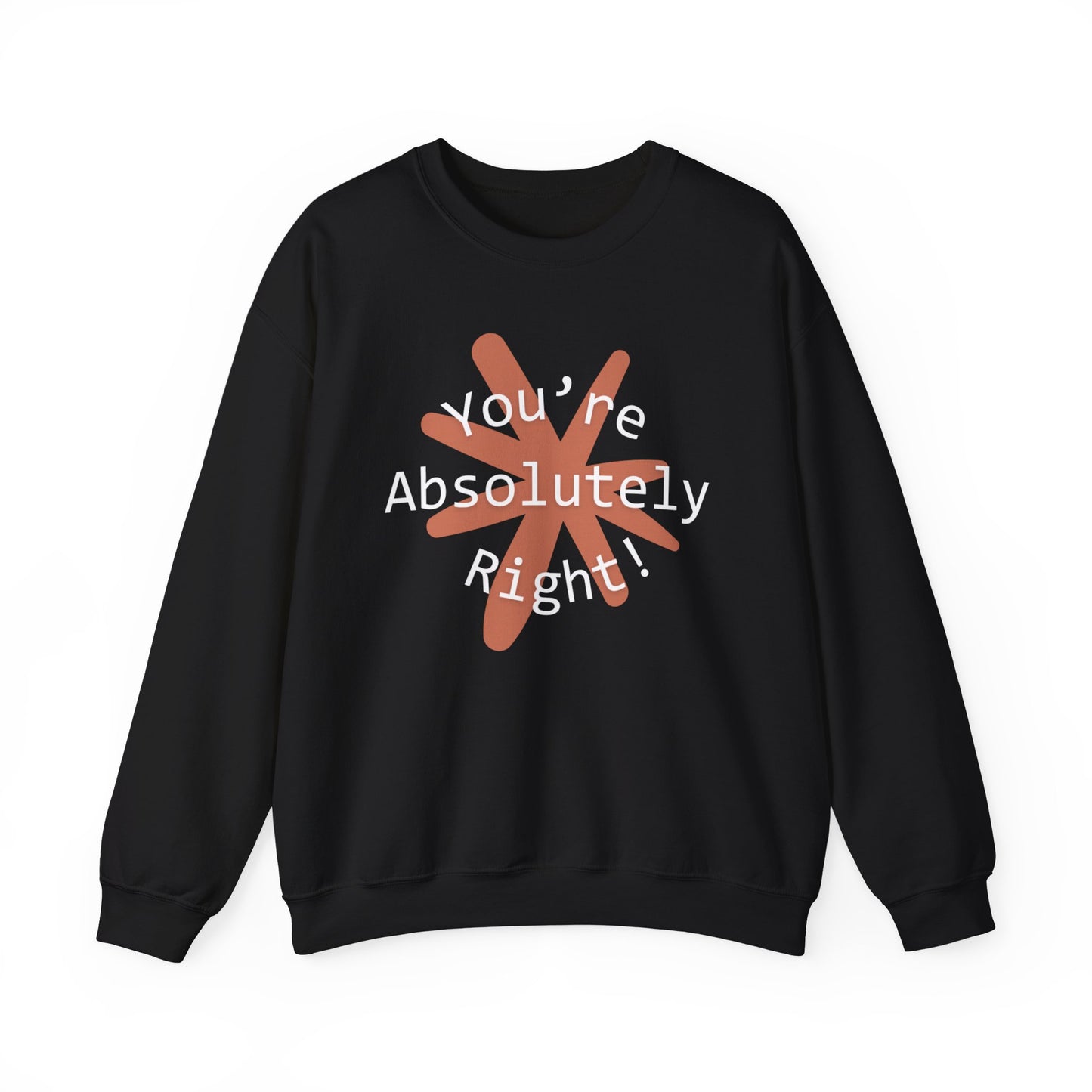 "You're Absolutely Right" Claude AI meme sweatshirt, Black, flat lay front