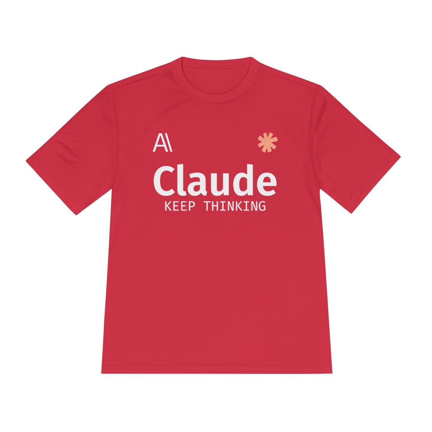 Claude Fable 5 AI soccer jersey tee, True Red, flat lay front