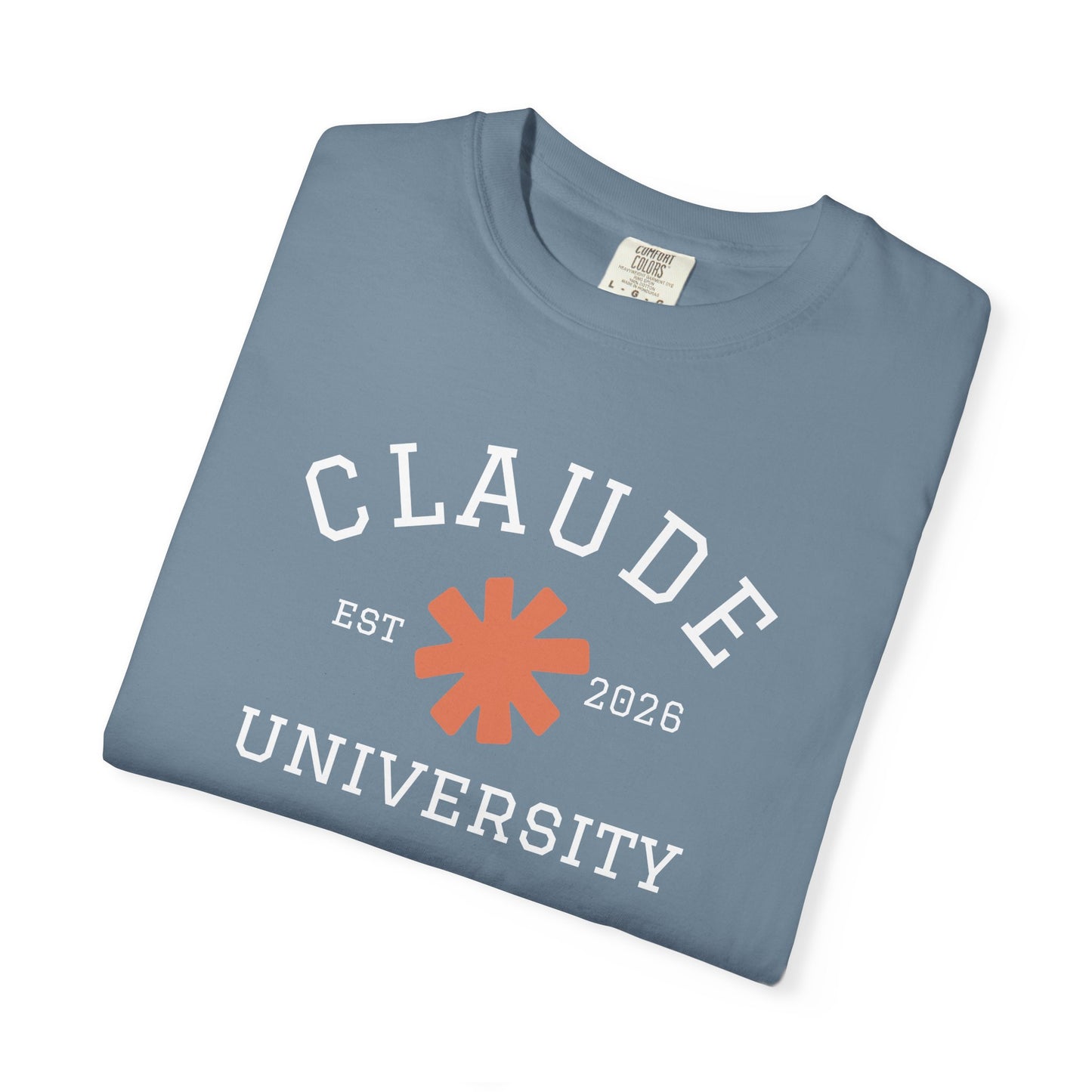 "Claude University" Claude AI parody t-shirt, Ice Blue, flat lay front